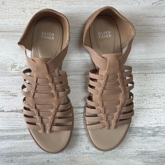 Eileen Fisher Rato Honey Tumbled Nubuck Leather Flats Gladiator Sandals Size 9 - Picture 1 of 11